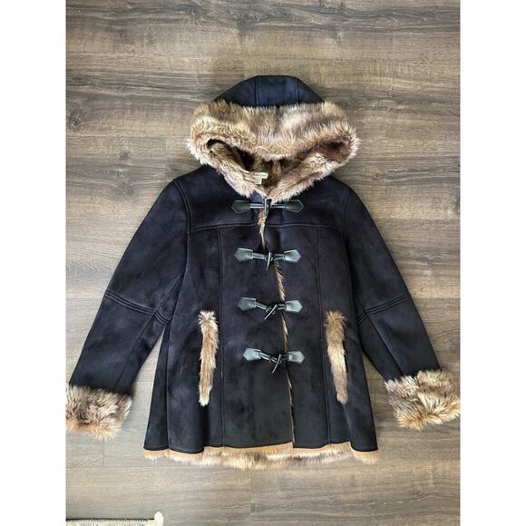 NWT Coldwater Creek Wonderlands toggle pea Coat Sz M Black suede faux fur - Picture 4 of 12